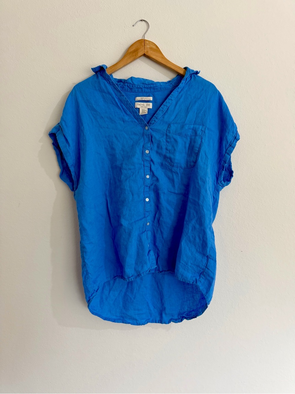 Rachel Zoe Blue 100% Linen Short Sleeve High Low Button Up Blouse XL